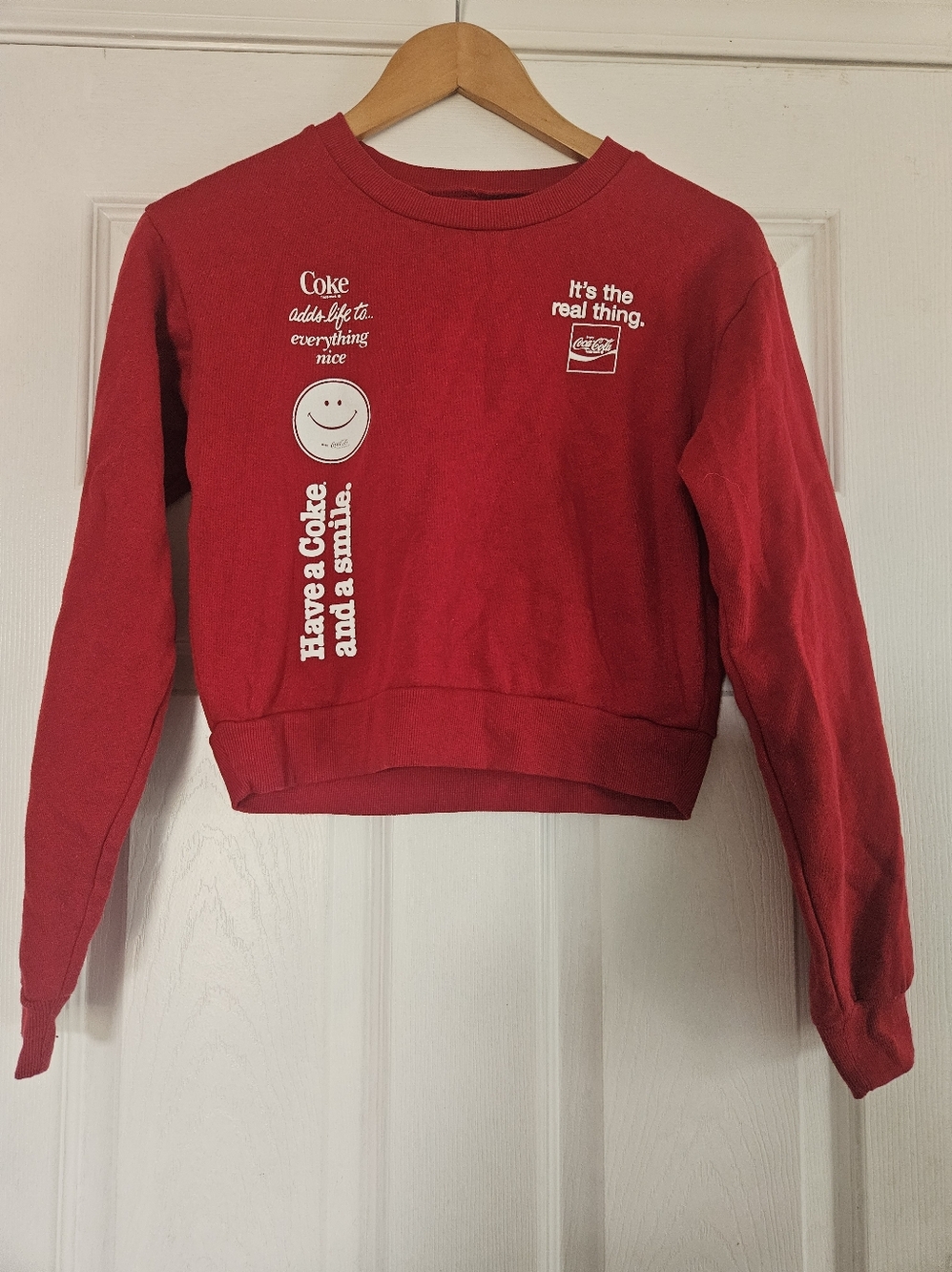 Coca Cola Red Long-Sleeve Graphic Cropped Sweatshirt Small